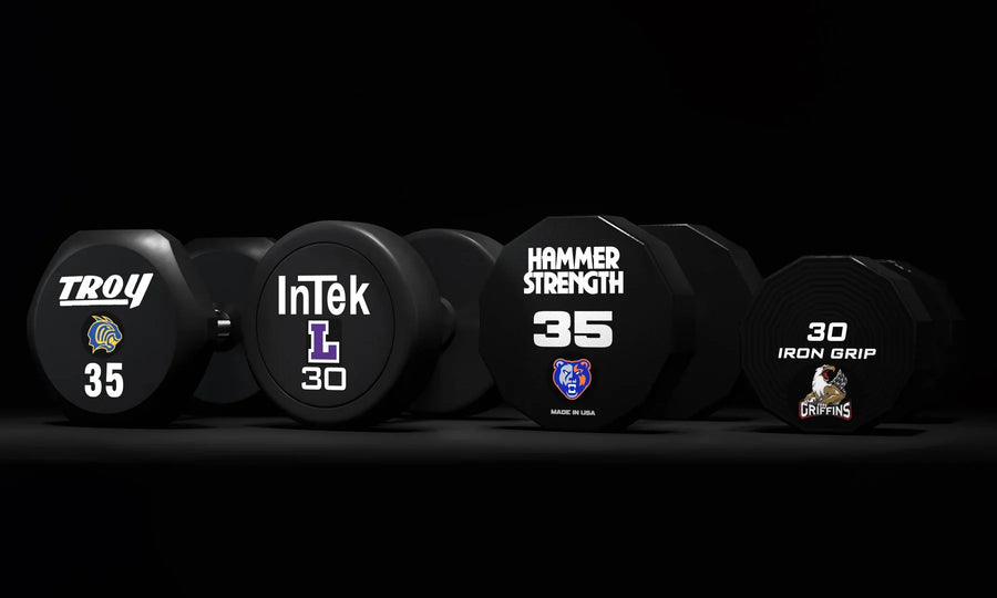 Dumbbell, bumper plate & bar-end logos — application example
