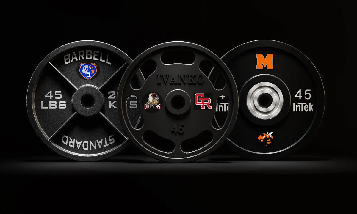 Dumbbell, bumper plate & bar-end logos — application example