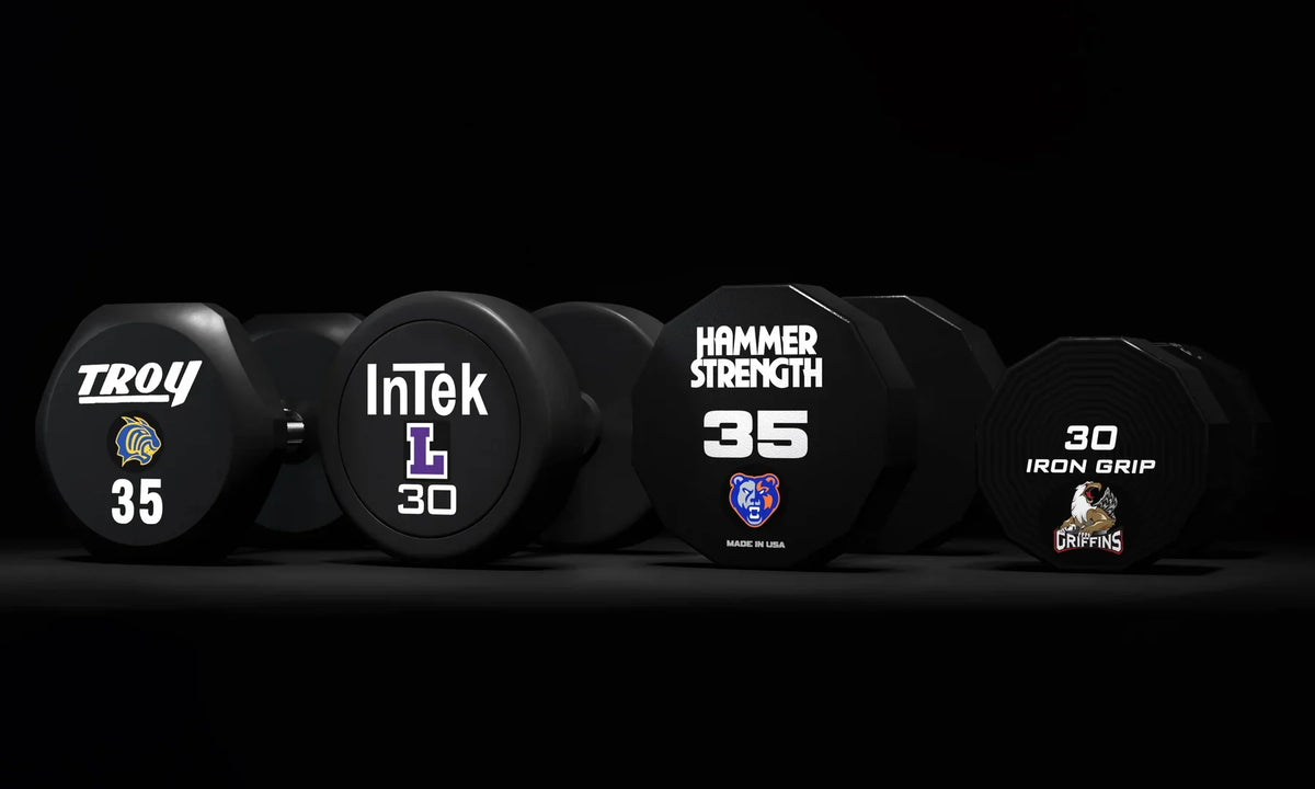 Dumbbell, bumper plate & bar-end logos — application example