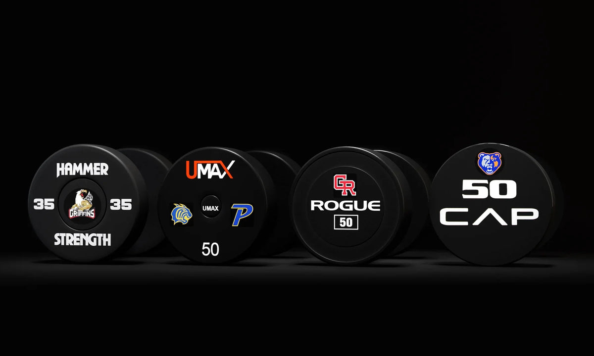 Dumbbell, bumper plate & bar-end logos — application example