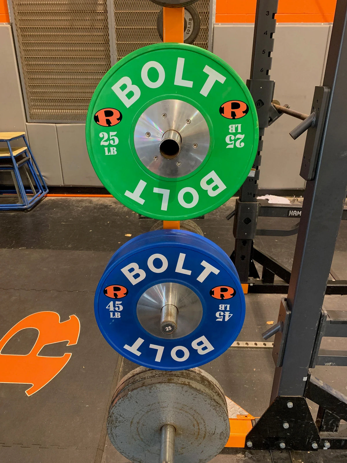 Dumbbell, bumper plate & bar-end logos — application example