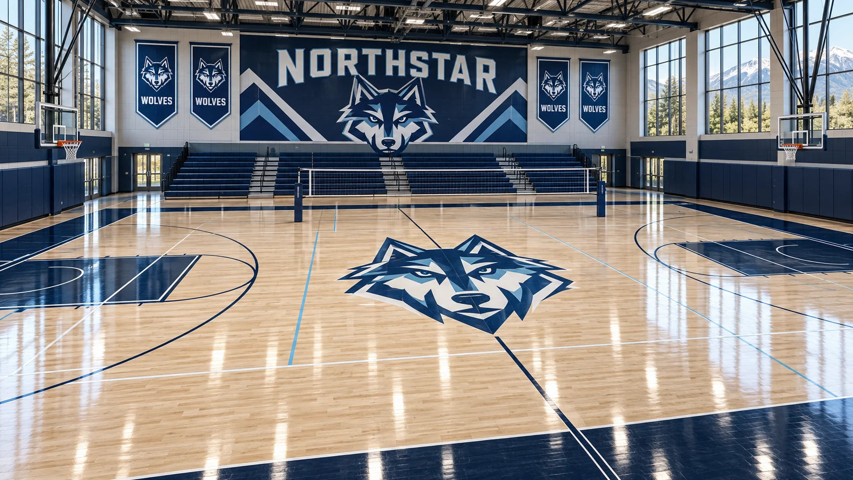 Fictional Northstar gym with coordinated center-court and wall identity