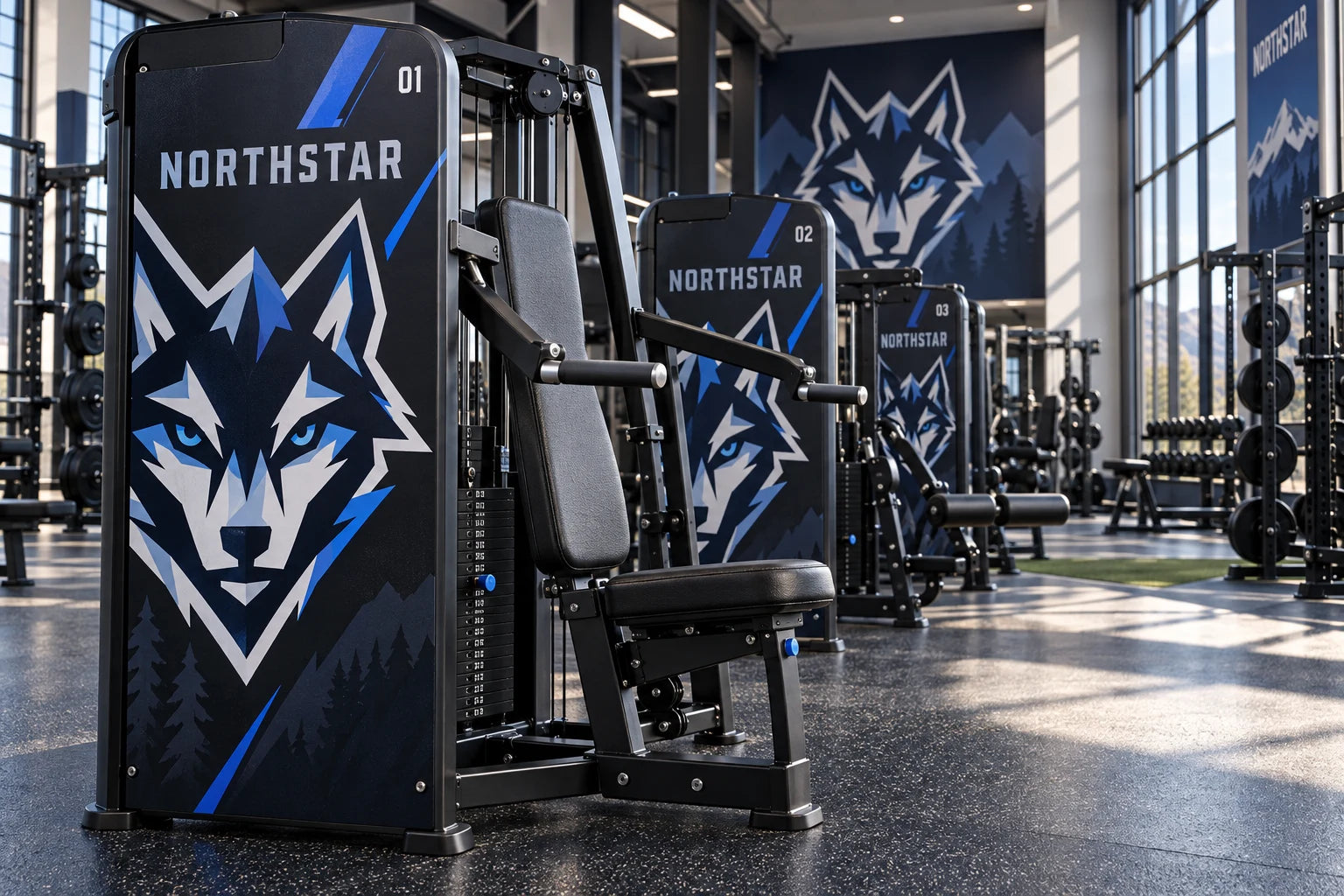 Illustrative cohesive school identity across fitness equipment