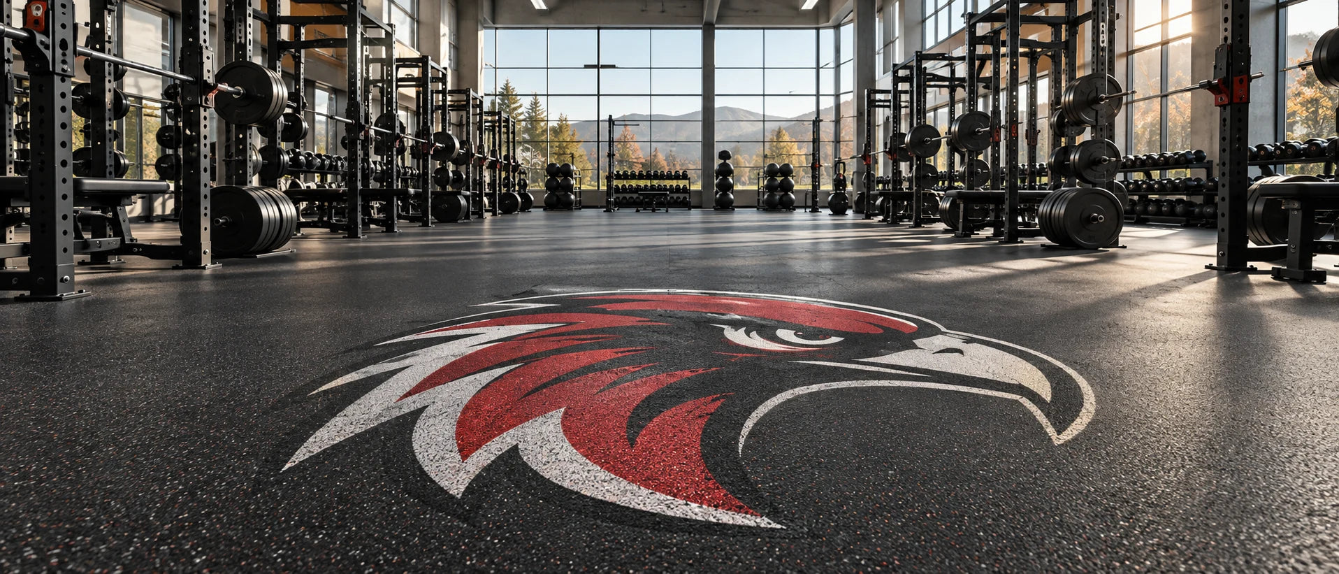 Large custom floor mascot in an illustrative weight room